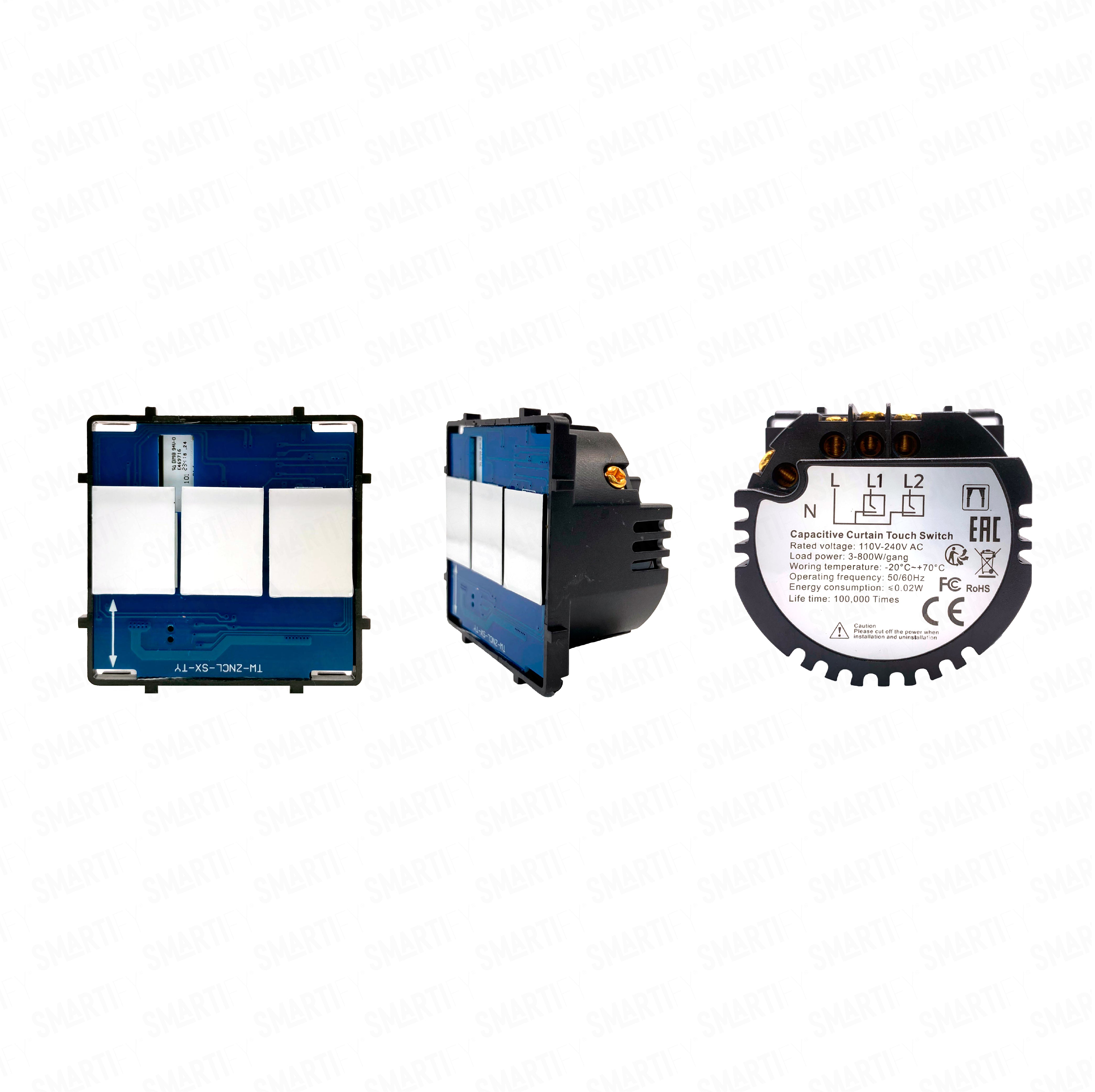 Smartify Módulo de estores (com neutro) – imagem exibindo três ângulos do dispositivo, destacando seu design compacto e funcionalidades para automação residencial.