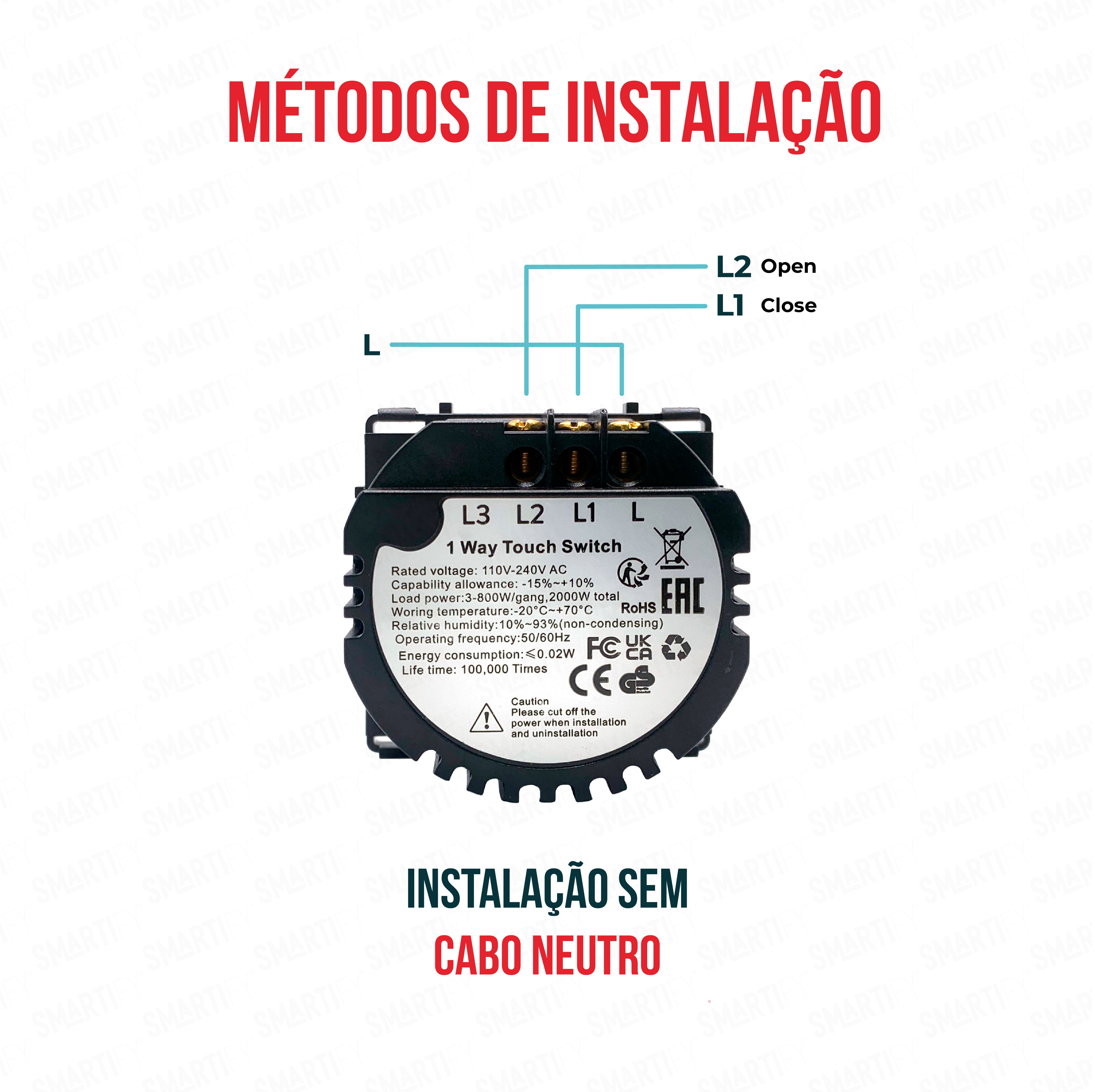 Smartify Módulo Interruptor 2 Canais (sem neutro) – imagem ilustrando o método de instalação.