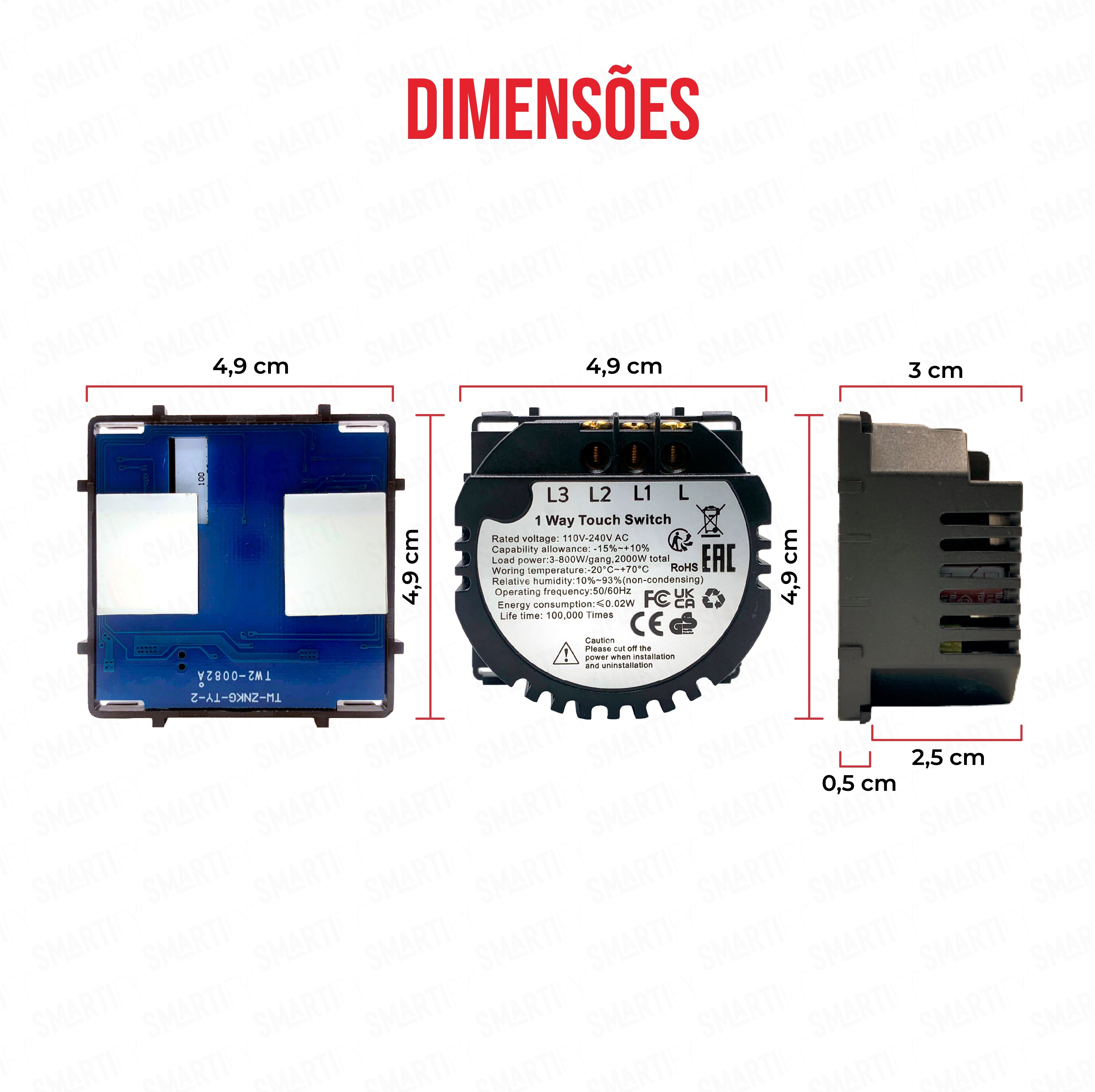Smartify Módulo Interruptor 2 Canais sem neutro Visão – imagem exibindo as dimensões do produto, destacando seu design compacto e funcionalidades para automação residencial.