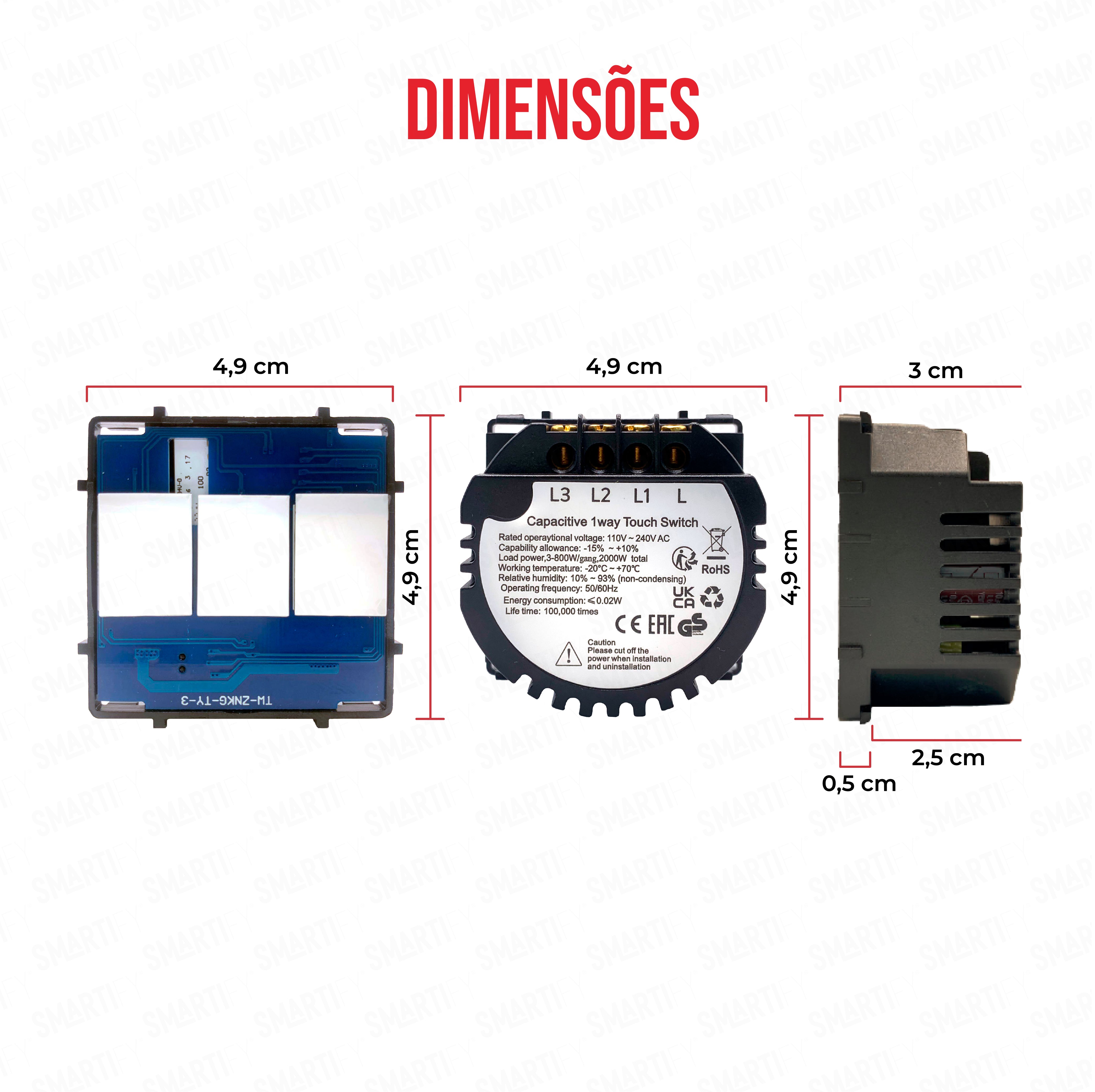 Smartify Módulo Interruptor 3 Canais sem neutro Visão – imagem exibindo as dimensões do produto, destacando seu design compacto e funcionalidades para automação residencial.