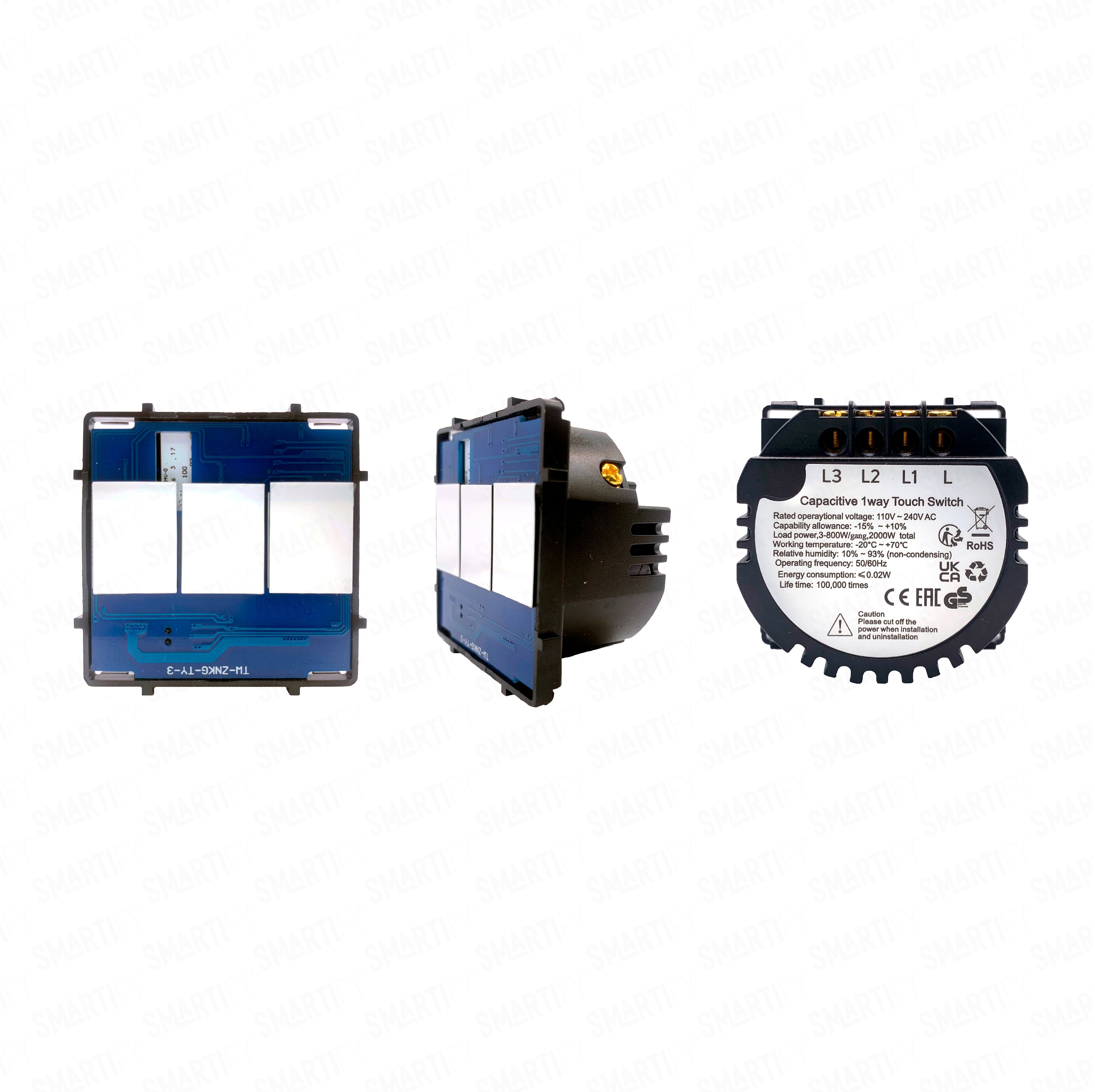 Smartify Módulo Interruptor 3 Canais (sem neutro) – imagem exibindo três ângulos do dispositivo, destacando seu design compacto e funcionalidades para automação residencial.