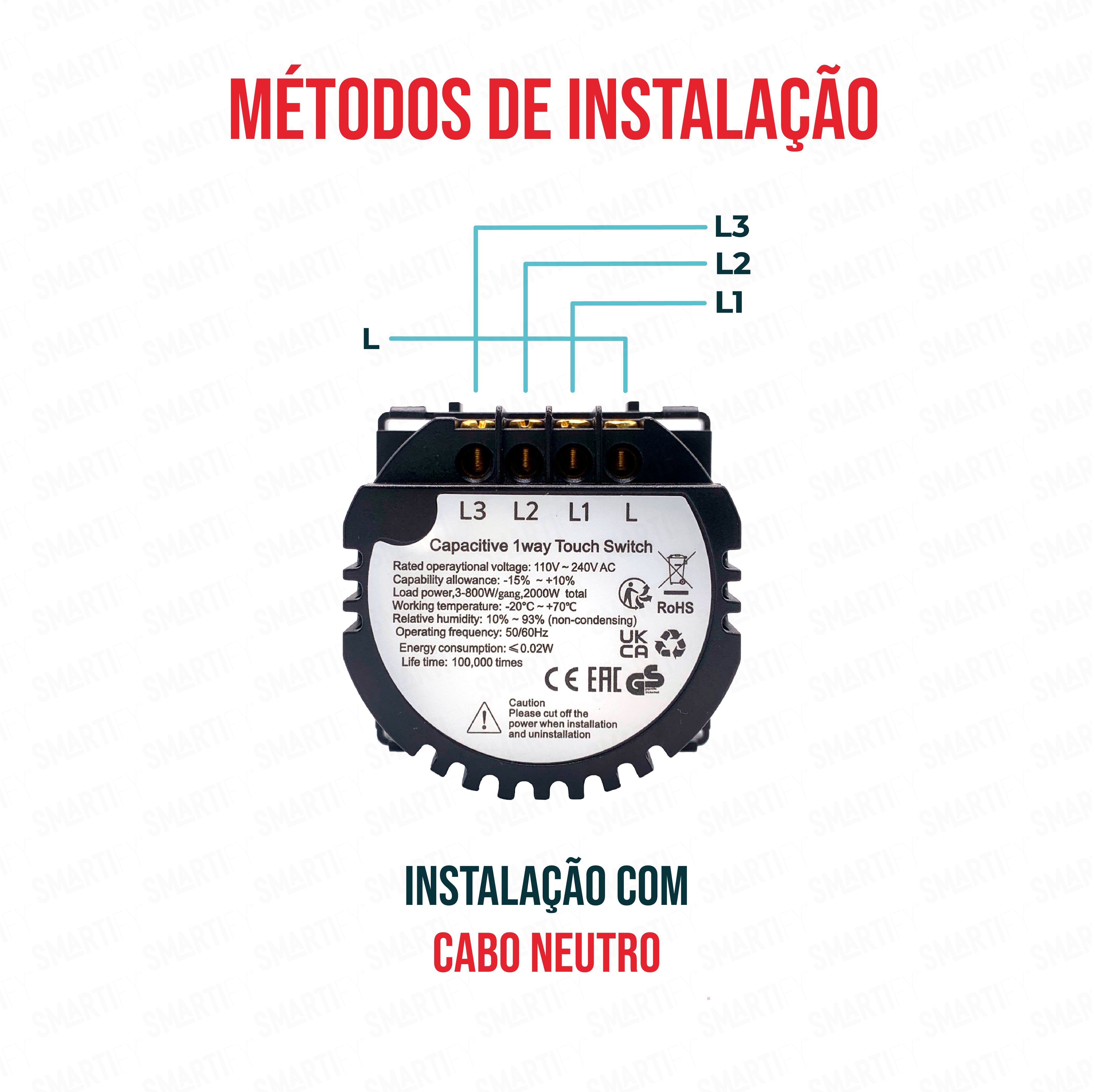 Smartify Módulo Interruptor 3 Canais (sem neutro) – imagem ilustrando o método de instalação.