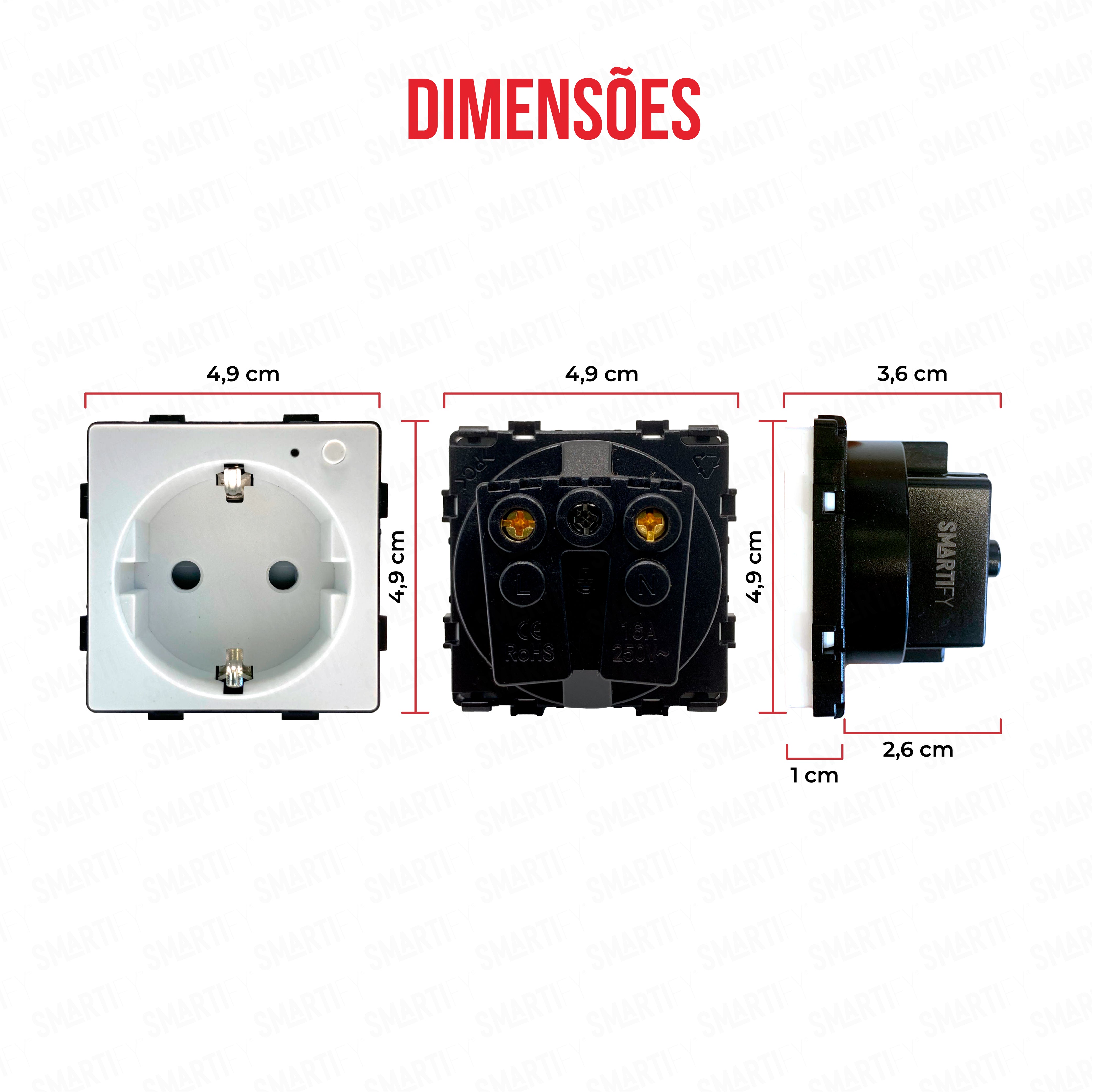 Smartify Módulo Tomada – imagem exibindo as dimensões do produto, destacando seu design compacto.
