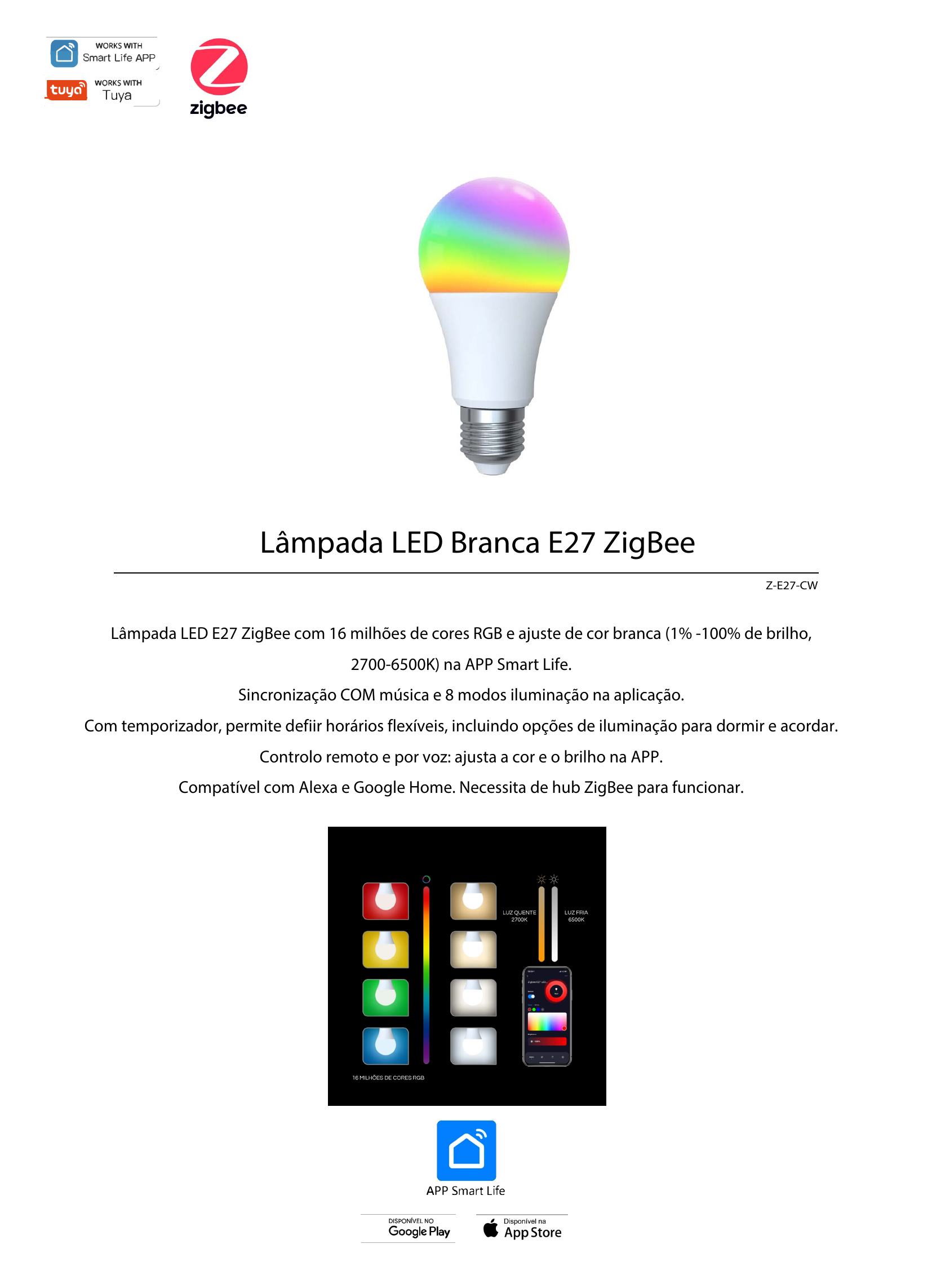 Ficha da lâmpada Moes Z-E27-CW E27 Zigbee
