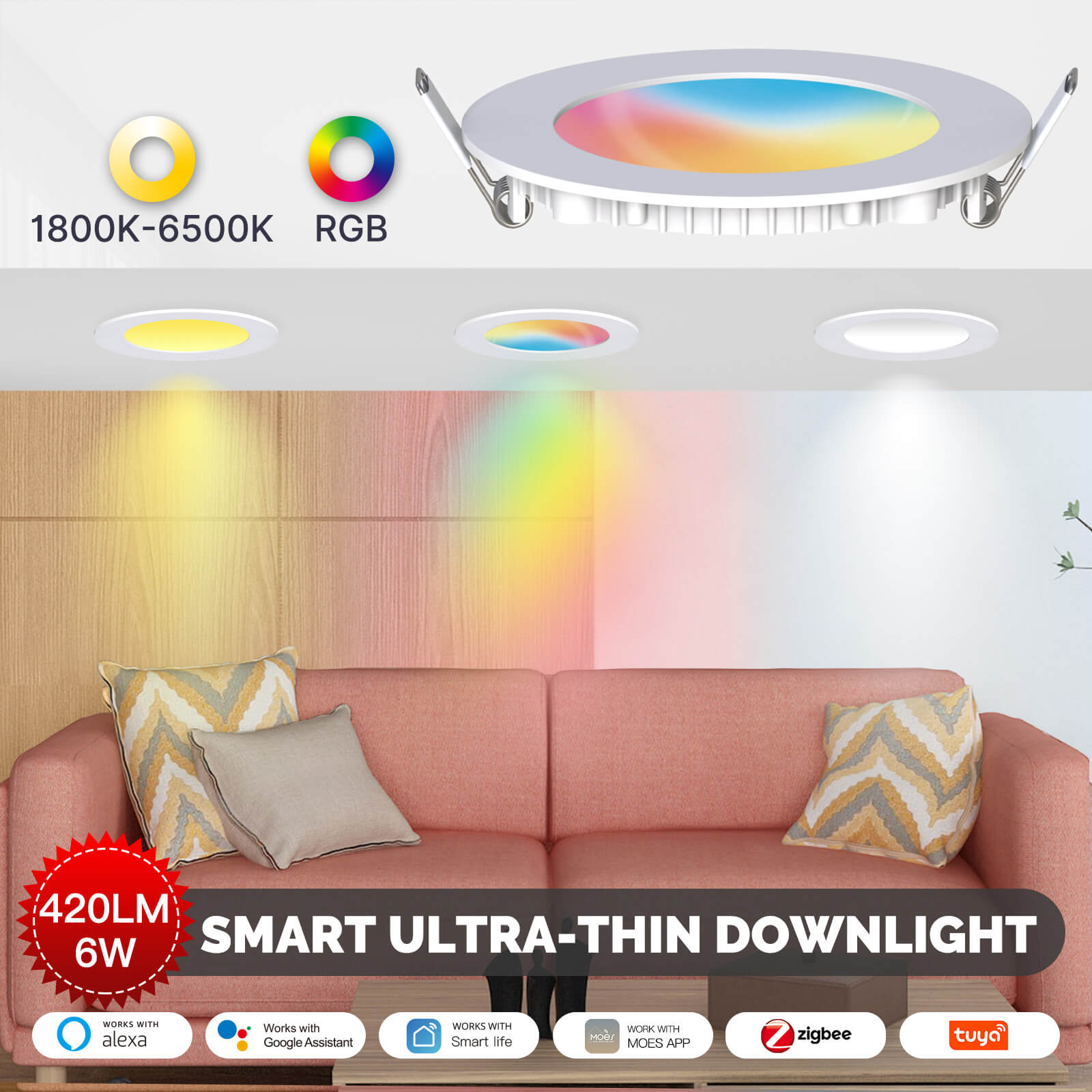 Moes Z-TDD6 spot embutido Zigbee RGB aplicado em sala