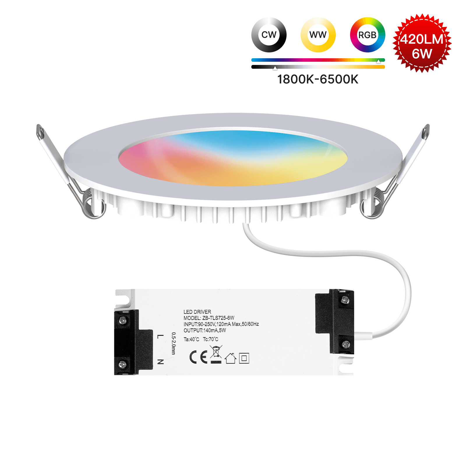 Moes Z-TDD6 spot embutido Zigbee 6W RGB com temperatura 1800K a 6500K