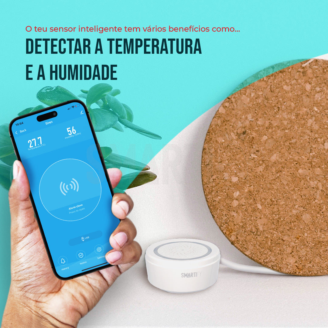 Sensor Inteligente de Temperatura e Humidade c/ Sirene WiFi Smartify - Smartify - Casa Inteligente - Smart Home - Domotica - Casas Inteligentes