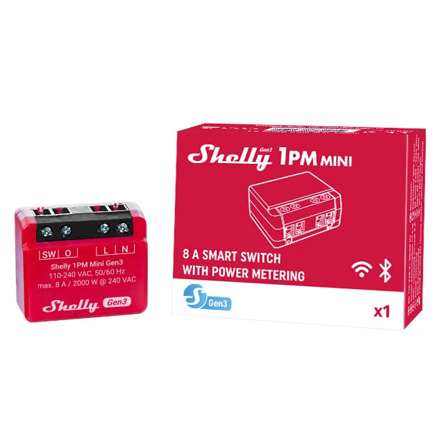 Shelly 1PM Mini Gen3 - Módulo para Interruptor de 1 botón con Monitorización de Energía WiFi/BT