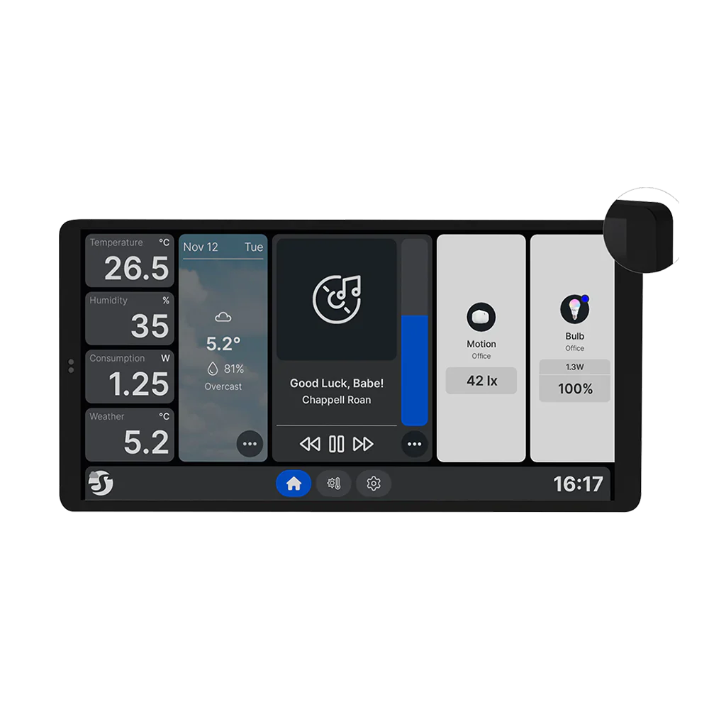 Painel touch de parede de 6,95″ que centraliza o controlo de luzes e aparelhos, com menu personalizável e monitorização de consumo via WiFi e Bluetooth.