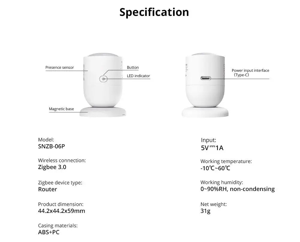 Sensor de presença humana inteligente Zigbee c/ radar de micro-ondas 5.8GHz + sensor de luz - Sonoff SNZB-06P