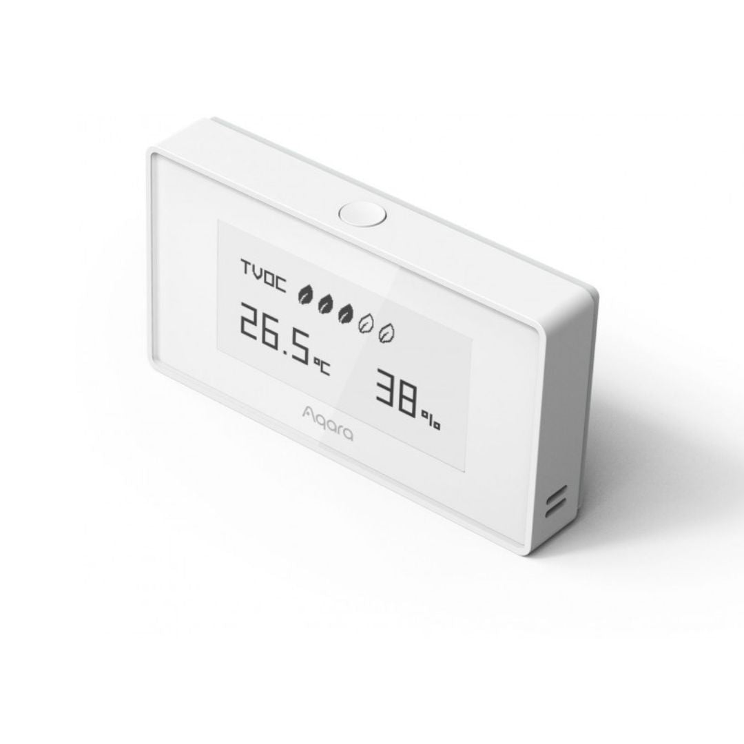 O Aqara TVOC Air Quality Monitor garante ar saudável. Mede VOCs, temperatura e humidade, com ecrã E Ink e integração inteligente Zigbee 3.0.