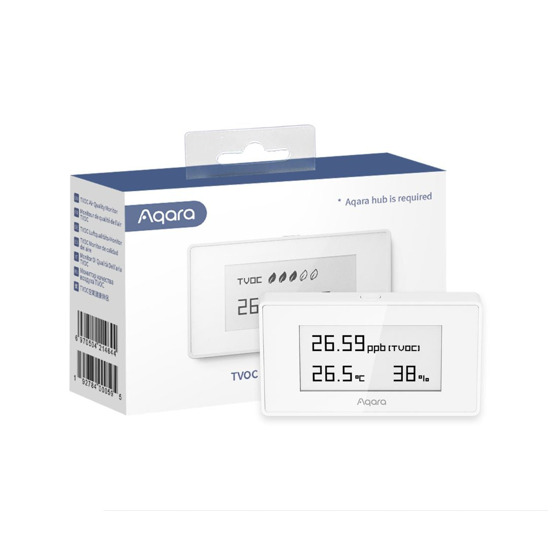O Aqara TVOC Air Quality Monitor garante ar saudável. Mede VOCs, temperatura e humidade, com ecrã E Ink e integração inteligente Zigbee 3.0.