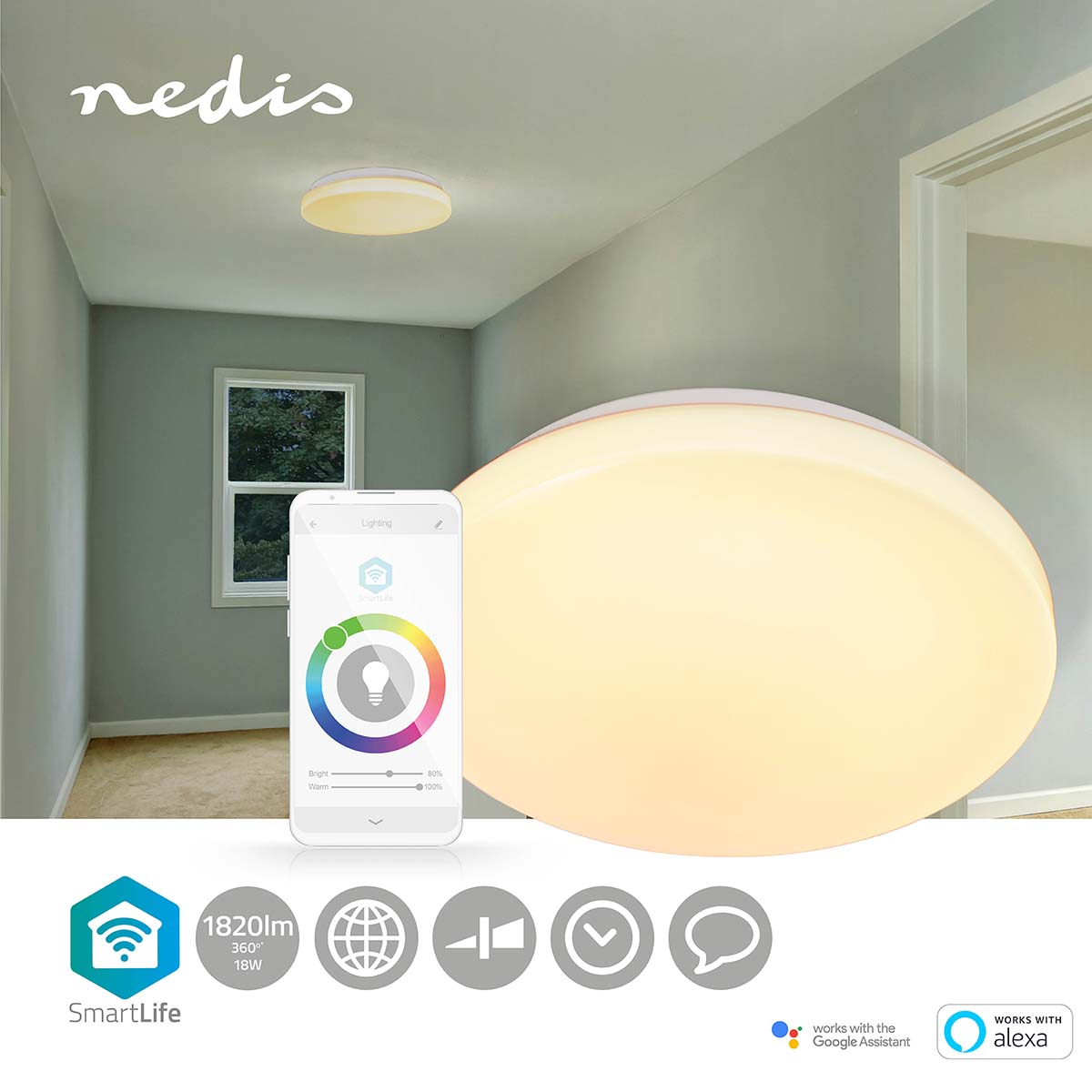 Nedis Luz de tecto inteligente Wifi RGB Branco quente a frio Redondo  260 mm de Diâmetro 1820 LM 3000 - 6500 K IP20 Classe energética: F Android™ / IOS