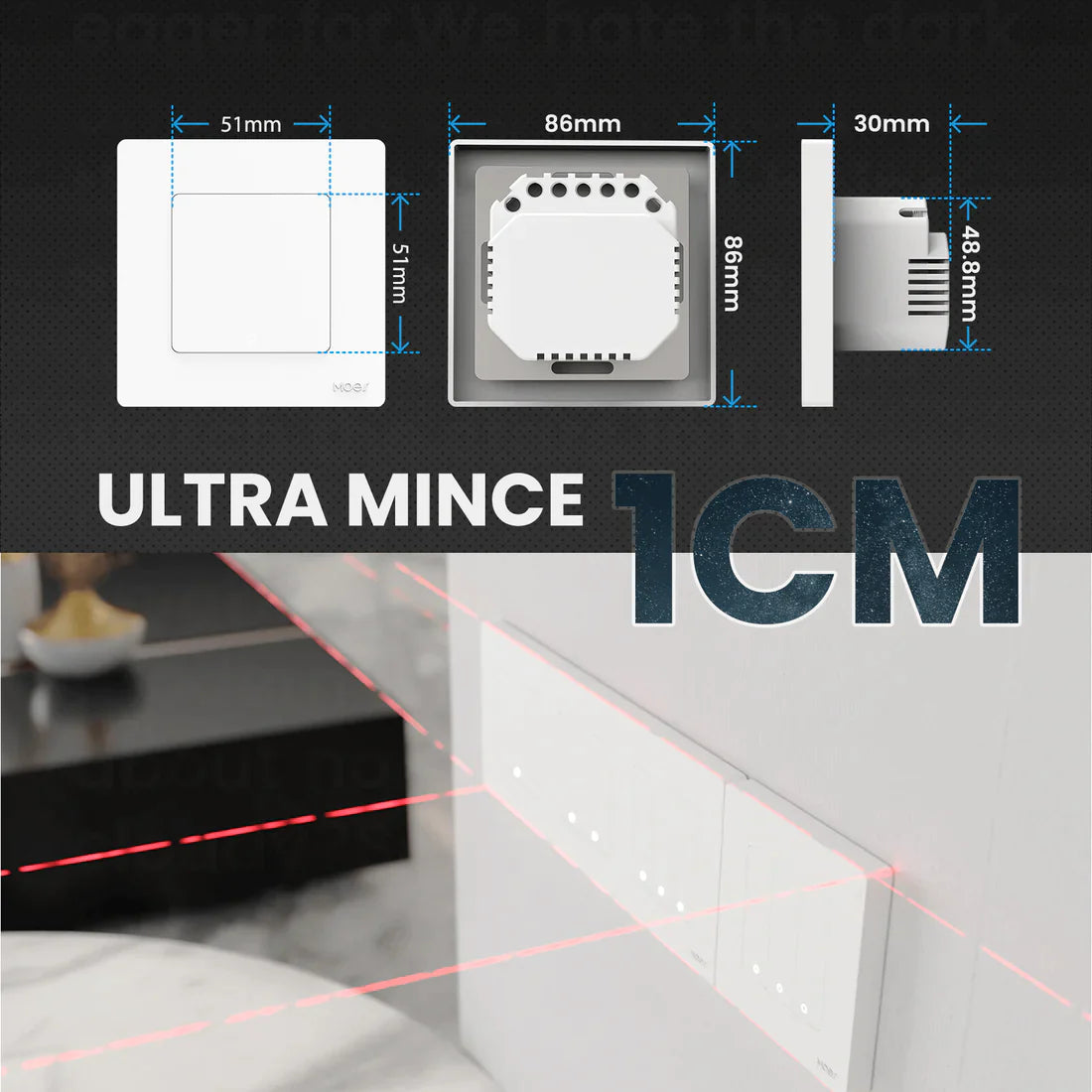Conheça o interruptor de pressão com 1 botão da MOES, um interruptor modular da série Star Ring, com design moderno, em material PVC e teclas suaves.