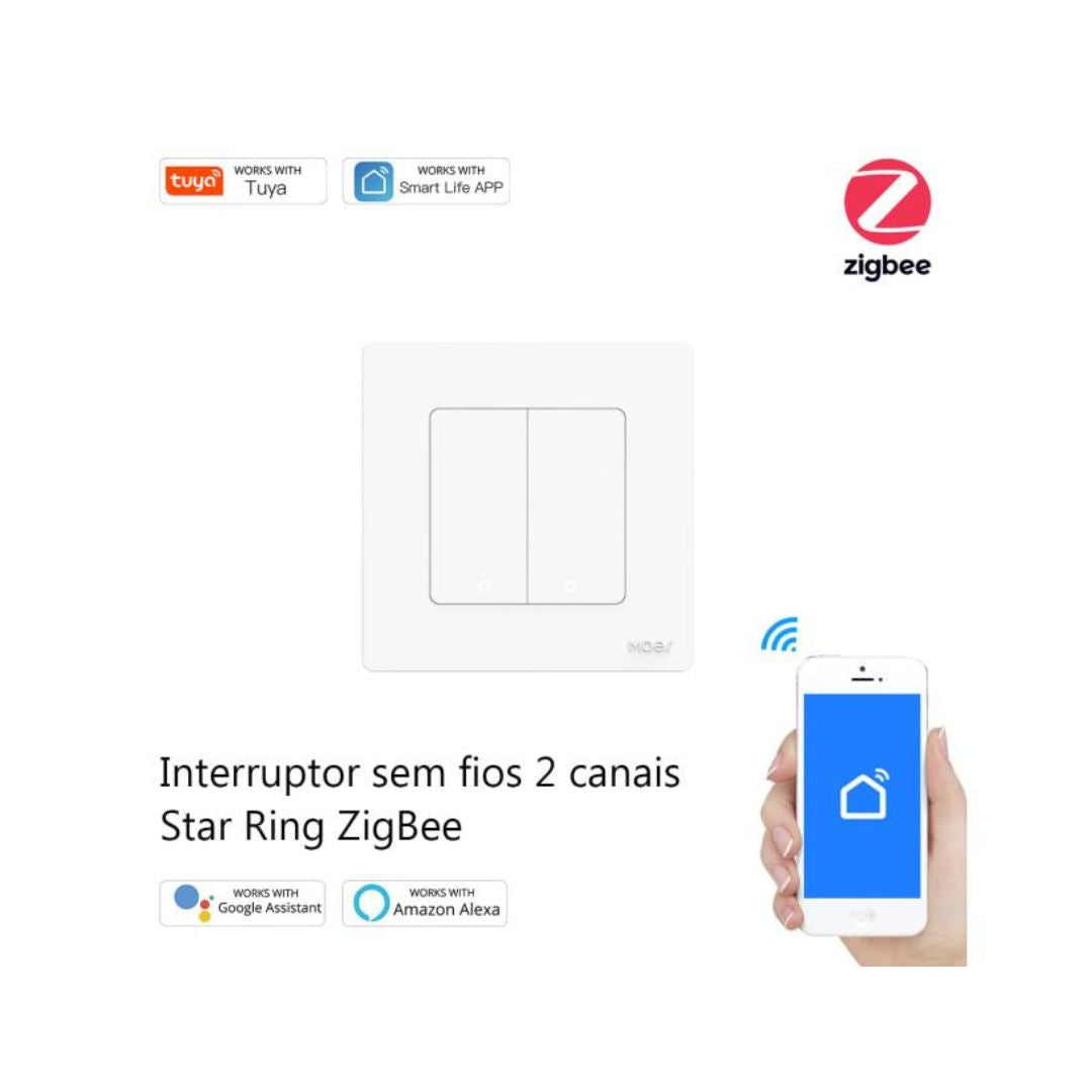 O MOES Interruptor de 2 Botões zigbee em branco - Série Star Ring oferece controle simples e elegante para iluminação e dispositivos.
