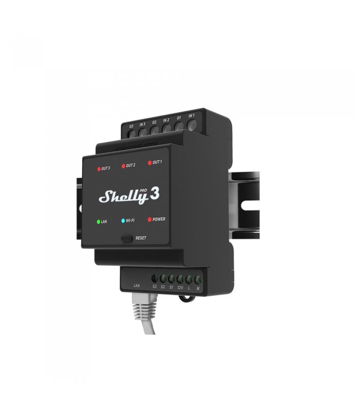 Módulo com 3 relés para automatização Wifi/Bluetooth/LAN 110/240VAC 3x16A - Shelly PRO 3 automatiza iluminação, aquecedores, dispositivos