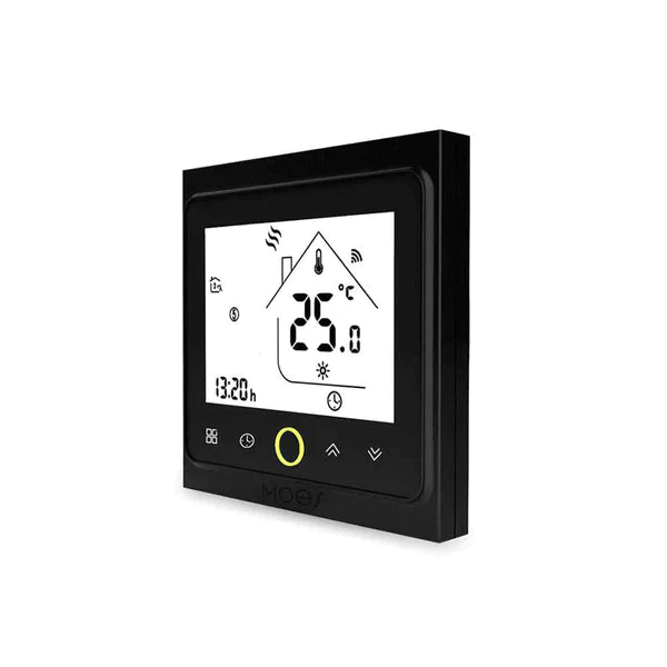 Moes Termóstato Controlador para Piso Radiante Elétrico Preto ZigBee: Ecrã tátil fácil de usar.