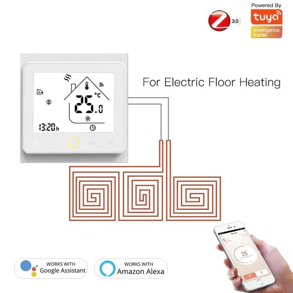 Moes Termóstato Controlador para Piso Radiante Elétrico Preto ZigBee: Ecrã tátil fácil de usar.