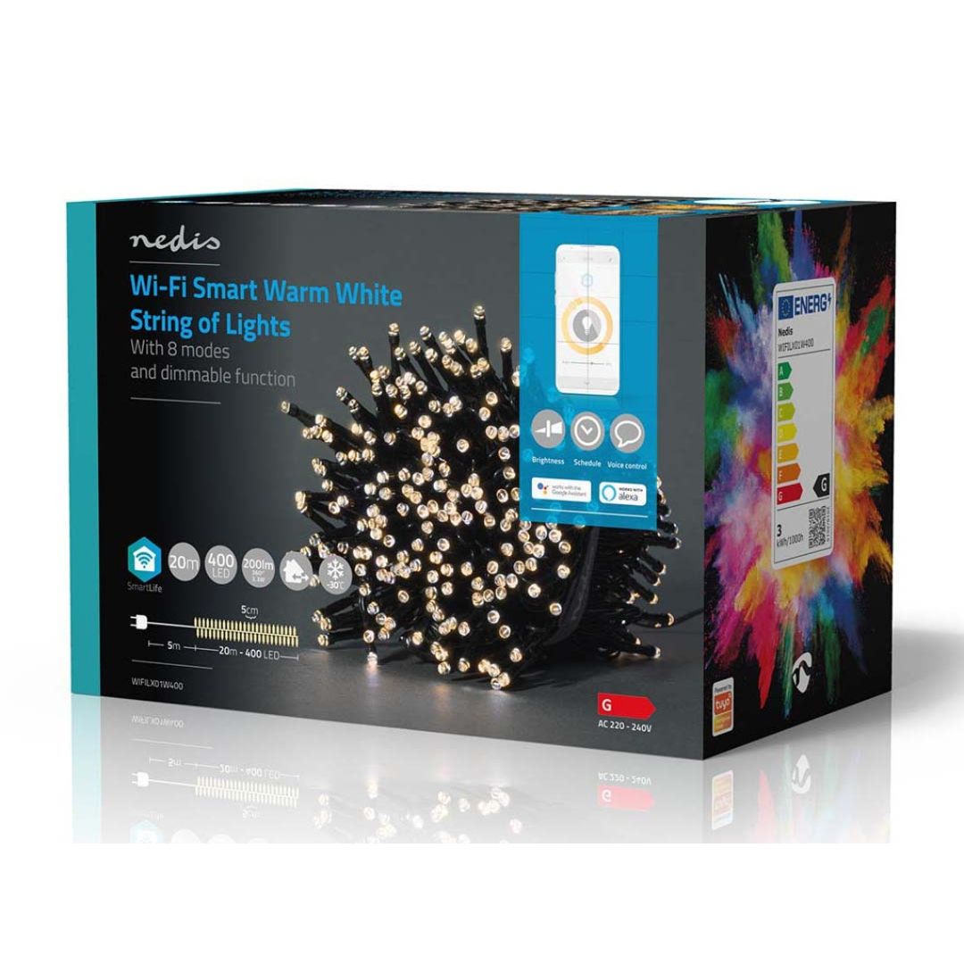 Luzes decorativas Nedis Wi-Fi, branco quente, 400 LEDs em 20m, oferecem iluminação inteligente para um Natal acolhedor e personalizado.