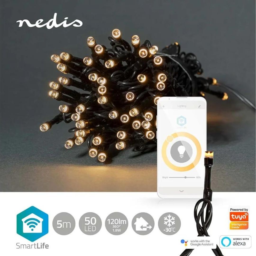 Luzes decorativas Nedis Wi-Fi, branco quente, 50 LEDs em 5m, oferecem iluminação inteligente para um Natal acolhedor e personalizado.