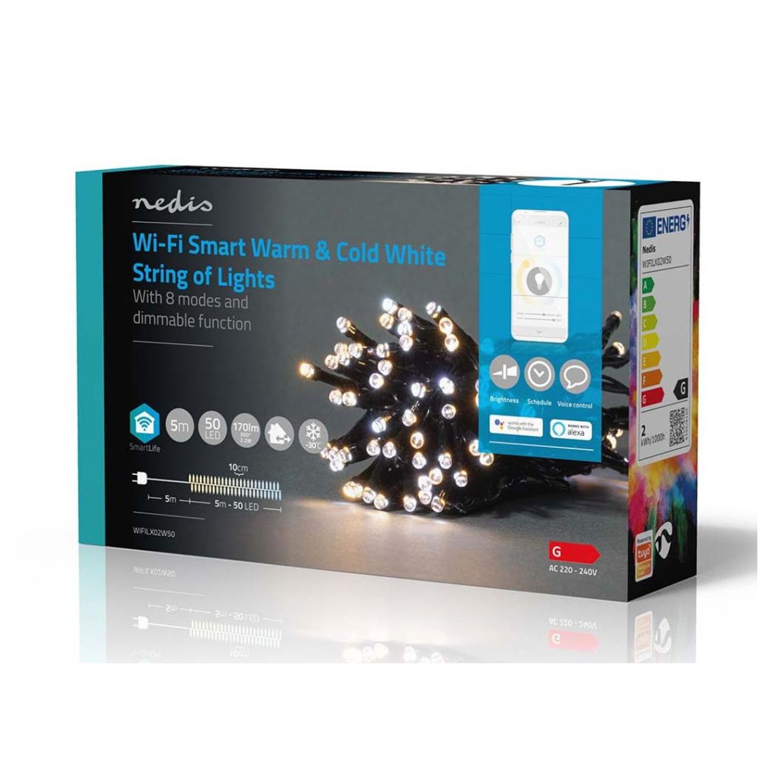 Luzes Nedis Wi-Fi, 50 LEDs em 5m, proporcionam iluminação inteligente para um Natal encantador, combinando tons quentes e frios.