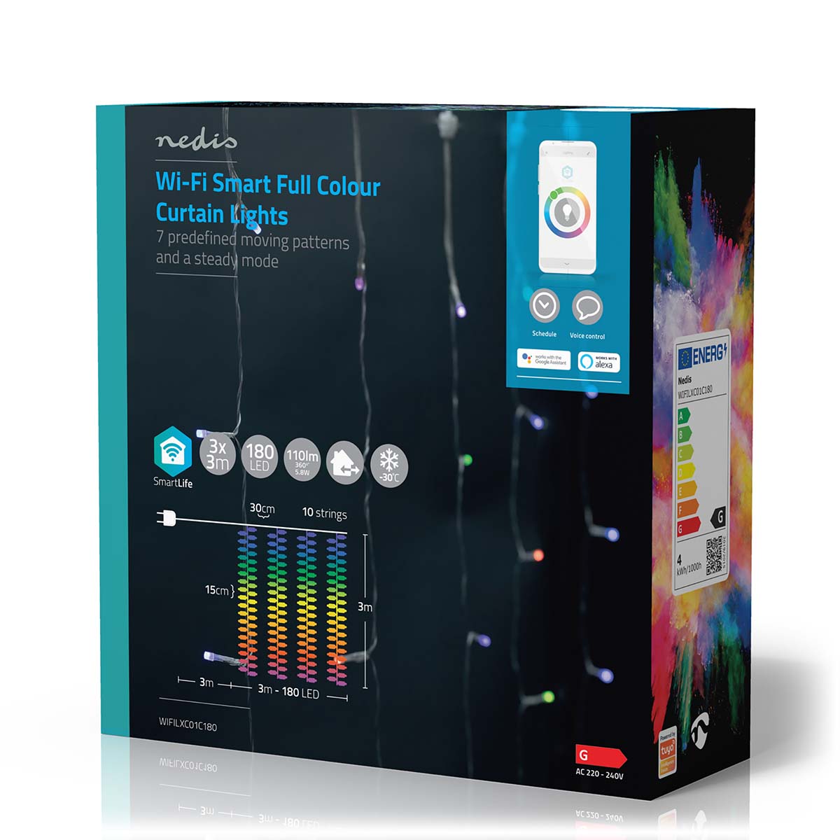 Cortina Nedis Wi-Fi RGB: iluminação inteligente de Natal. Com 180 LEDs em 3m, crie uma atmosfera única e personalizada com facilidade.