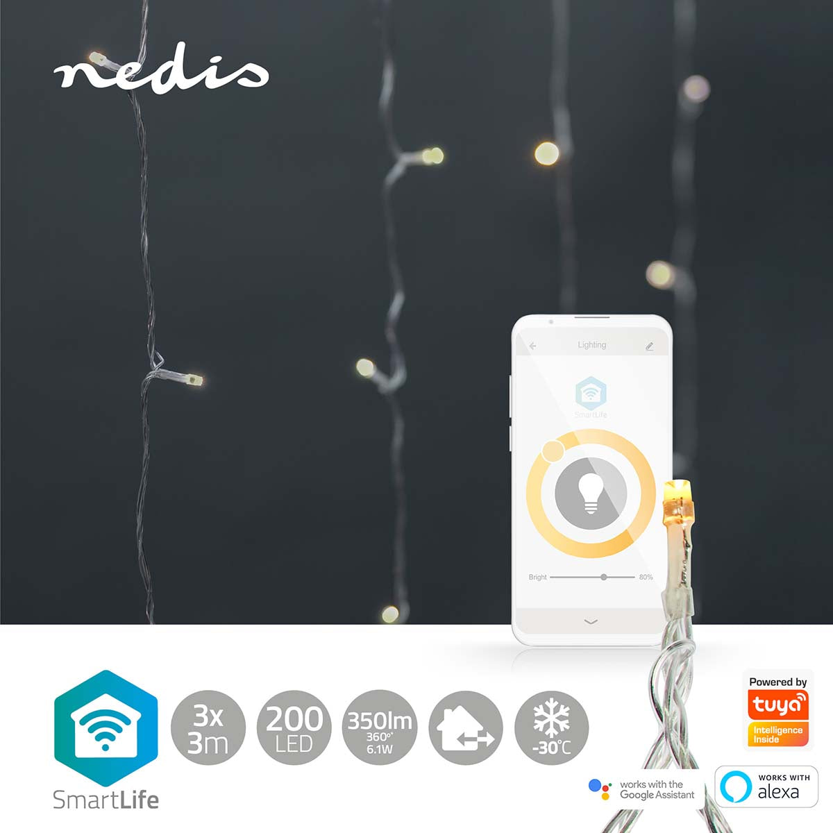 Cortina Nedis Wi-Fi Branco Quente: iluminação inteligente de Natal. Com 200 LEDs em 3m, crie uma atmosfera única e personalizada com facilidade.