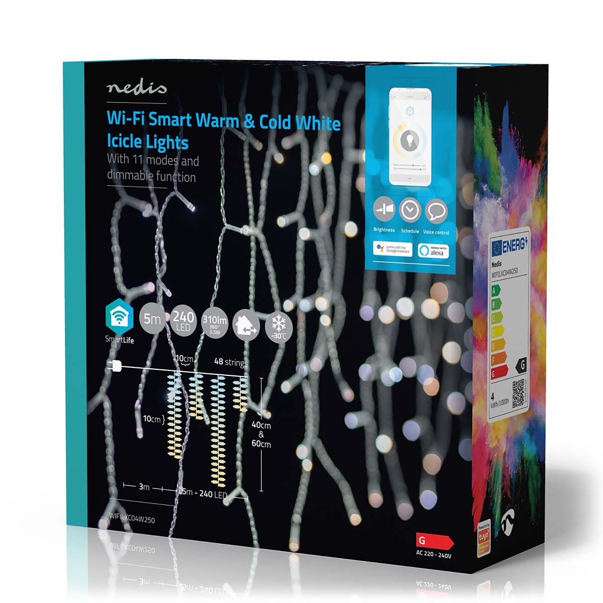 Grinalda Nedis de 5m, 240 LEDs quente/frio: iluminação de Natal inteligente em 48 gotas, proporcionando charme versátil.