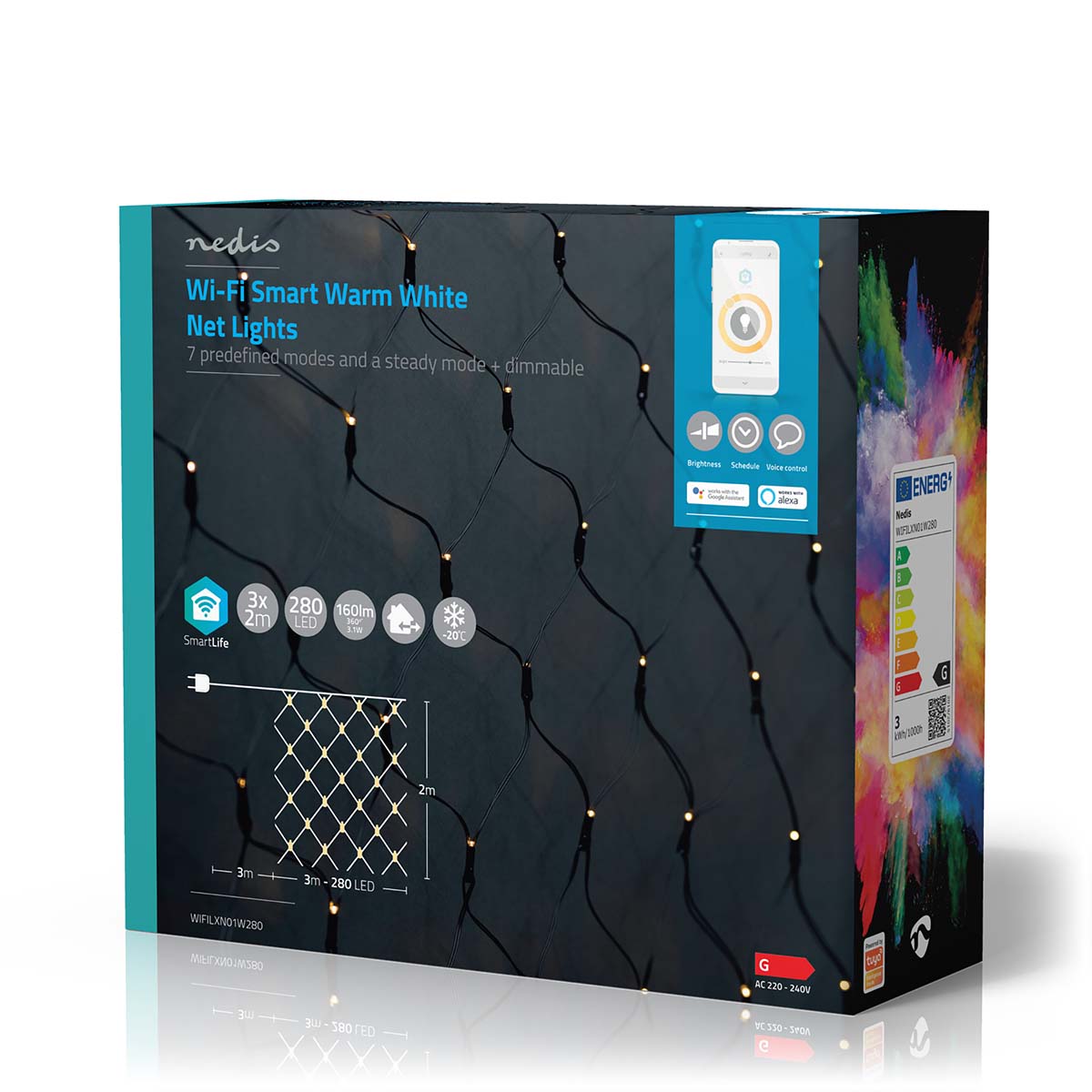 Rede de luz Nedis Wi-Fi em branco quente, 280 LEDs em 3x2m iluminação inteligente para um Natal acolhedor e personalizado.