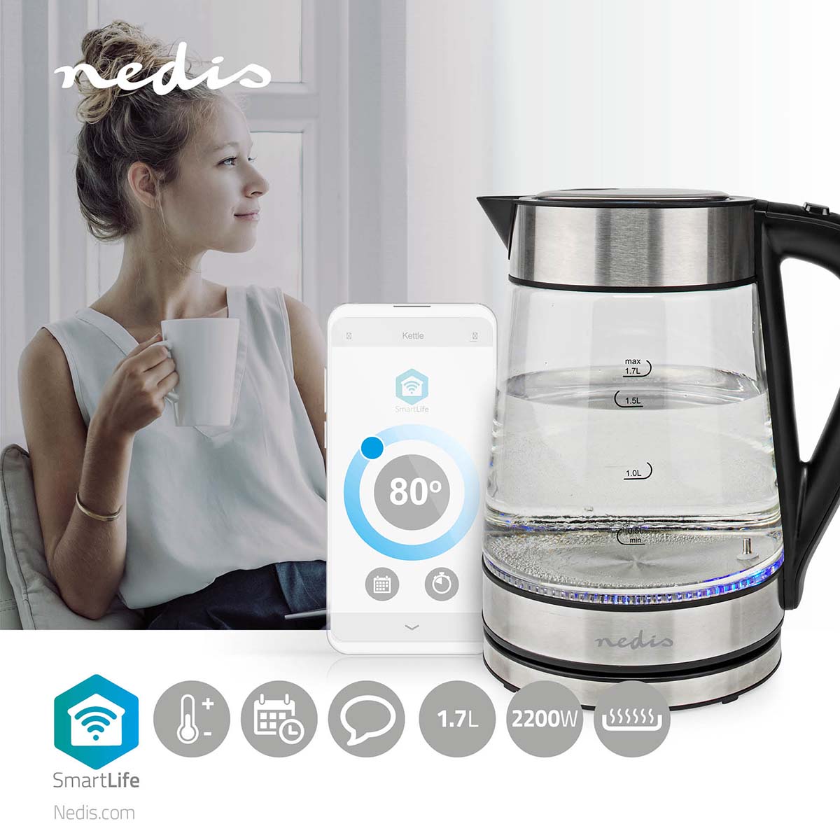 Chaleira Eléctrica NEDIS Wifi 1.7 litros Vidro 60,70,80,90,100 °C Indicador de temperatura Elemento de aquecimento rotativo de 360 graus Elemento de aquecimento oculto Controlador Strix® Protecção contra ferver a seco Android™ / IOS