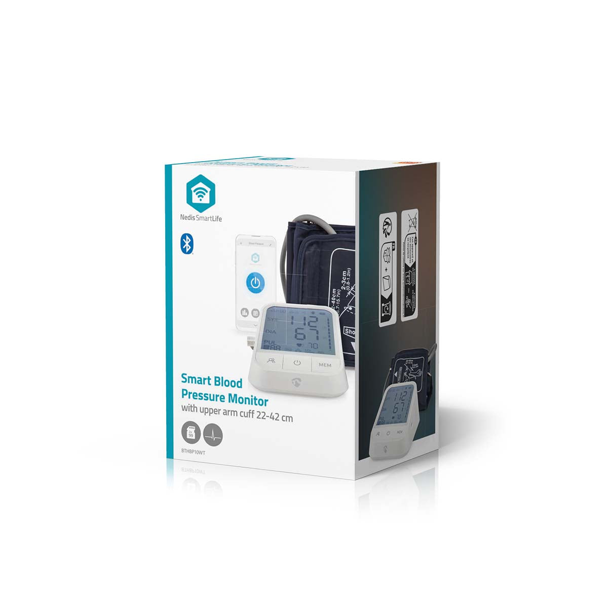 Aparelho de medição da tensão arterial Nedis SmartLife Braço | Bluetooth | Ecrã LCD | 22 - 42 cm | Deteção de uso da braçadeira / Deteção de batimentos cardíacos irregulares / Indicação de manter-se imóvel | Branco