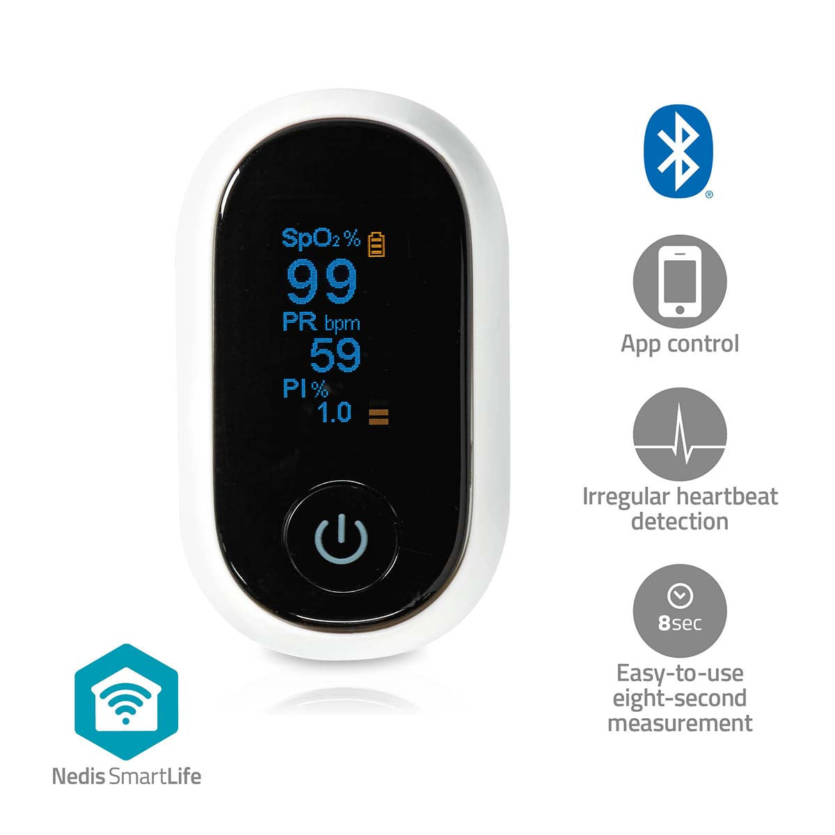 Nedis SmartLife Pulse Oximeter Bluetooth | OLED Display | Anti-movement interference / Auditory alarm / High precision sensor / Oxygen saturation (SpO2) / Perfusion index (PI) / Pulse rate (PR) | White