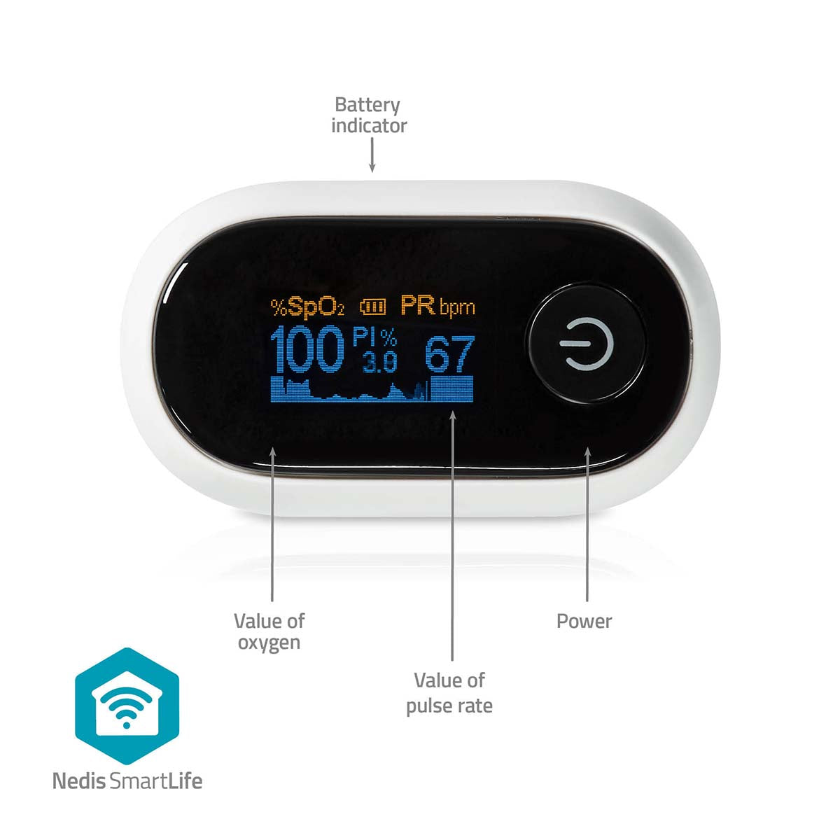Nedis SmartLife Pulse Oximeter Bluetooth | OLED Display | Anti-movement interference / Auditory alarm / High precision sensor / Oxygen saturation (SpO2) / Perfusion index (PI) / Pulse rate (PR) | White