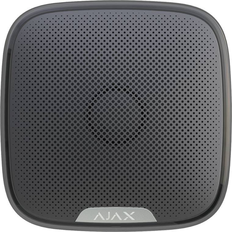 A Sirene Ajax StreetSiren, com 113dB, é uma sirene externa potente, em preto, perfeita para sistemas de alarme Ajax. Dissuade intrusos com som alto e é resistente às intempéries.
