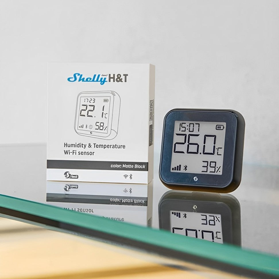 Sensor Shelly: temperatura/humidade, automação via app, novo chip eficiente, conexão USB-C, 4 pilhas AA, montagem na parede, servidor Web, Wi-Fi.