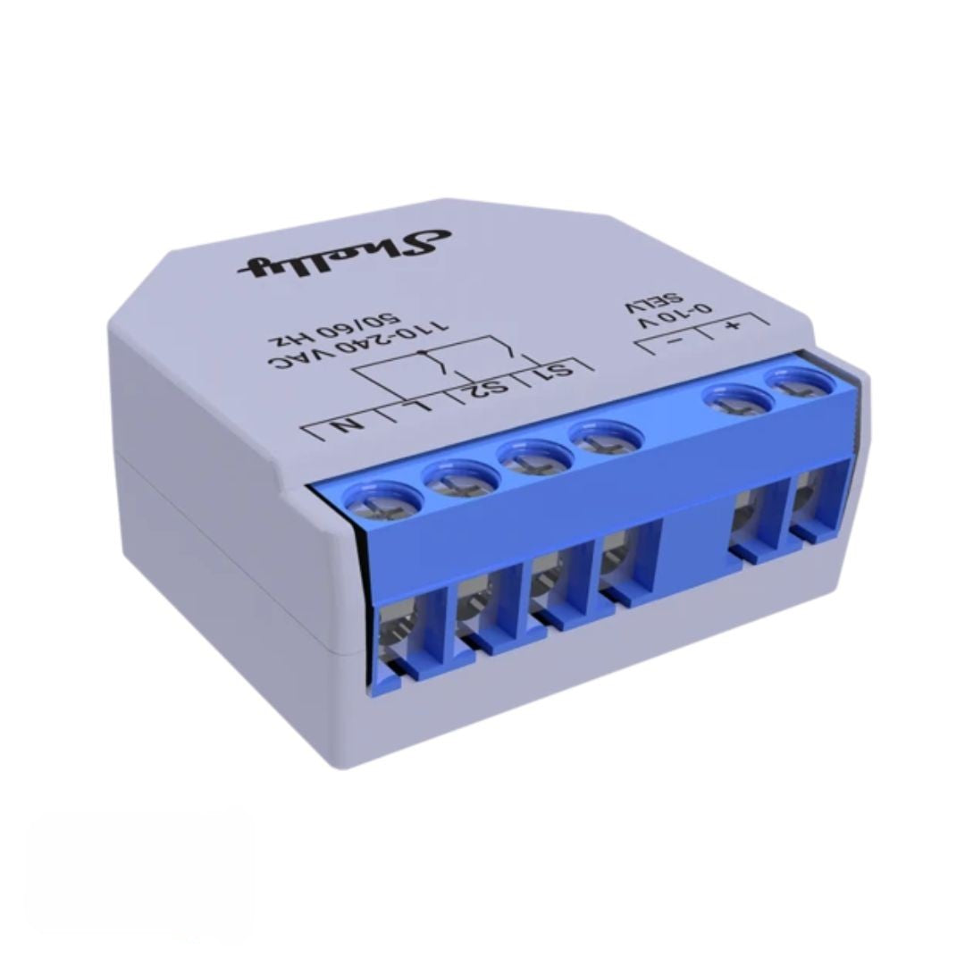Shelly Plus 0-10V Dimmer controlo remoto, compatível com drivers 0-10V, sem hub. Suporta várias plataformas, extensor WiFi, processador ESP32, solução versátil.