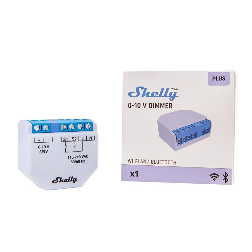 Shelly Plus 0-10V Dimmer controlo remoto, compatível com drivers 0-10V, sem hub. Suporta várias plataformas, extensor WiFi, processador ESP32, solução versátil.