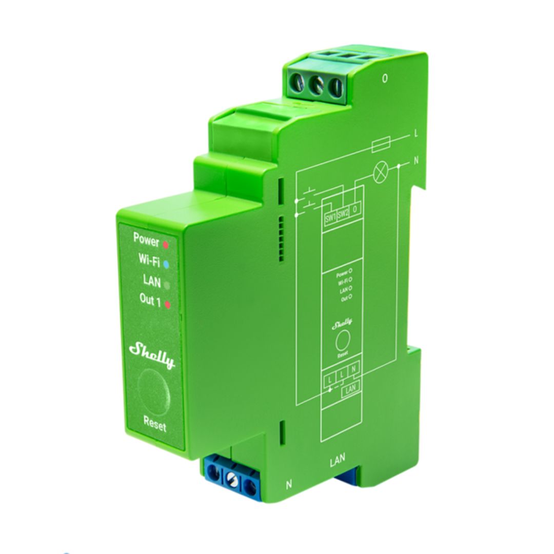 Shelly Pro Dimmer 1PM: Controle remoto e personalizado da iluminação. Montagem em calha DIN. Acesse e ajuste via web ou app. Integração fácil com automação residencial.