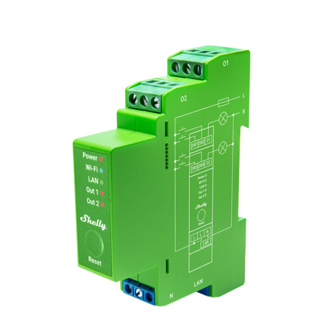 Shelly Pro Dimmer 2PM: Regule luzes de dois canais remotamente. Monitoramento web, integração Shelly Cloud. Ilumine a casa com eficiência e controle total.
