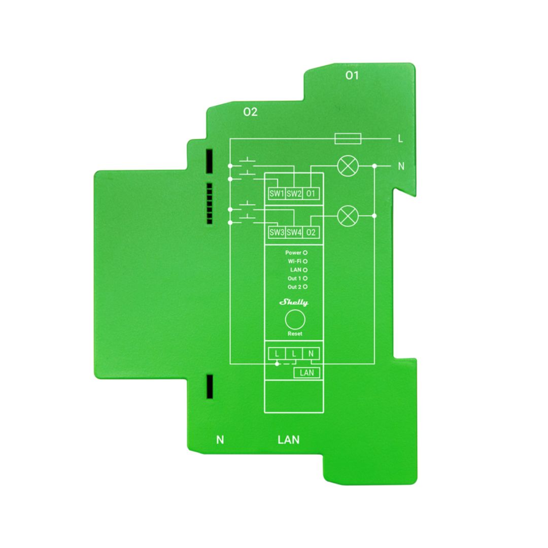 Shelly Pro Dimmer 2PM: Regule luzes de dois canais remotamente. Monitoramento web, integração Shelly Cloud. Ilumine a casa com eficiência e controle total.