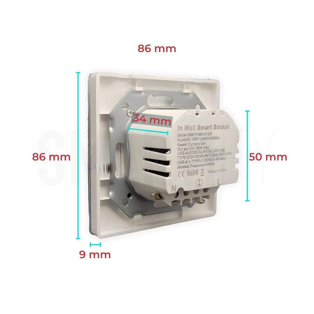 Tomada Inteligente com USB-C e USB-A (Smart socket) com capacidade de 16 Amperes em Branco,