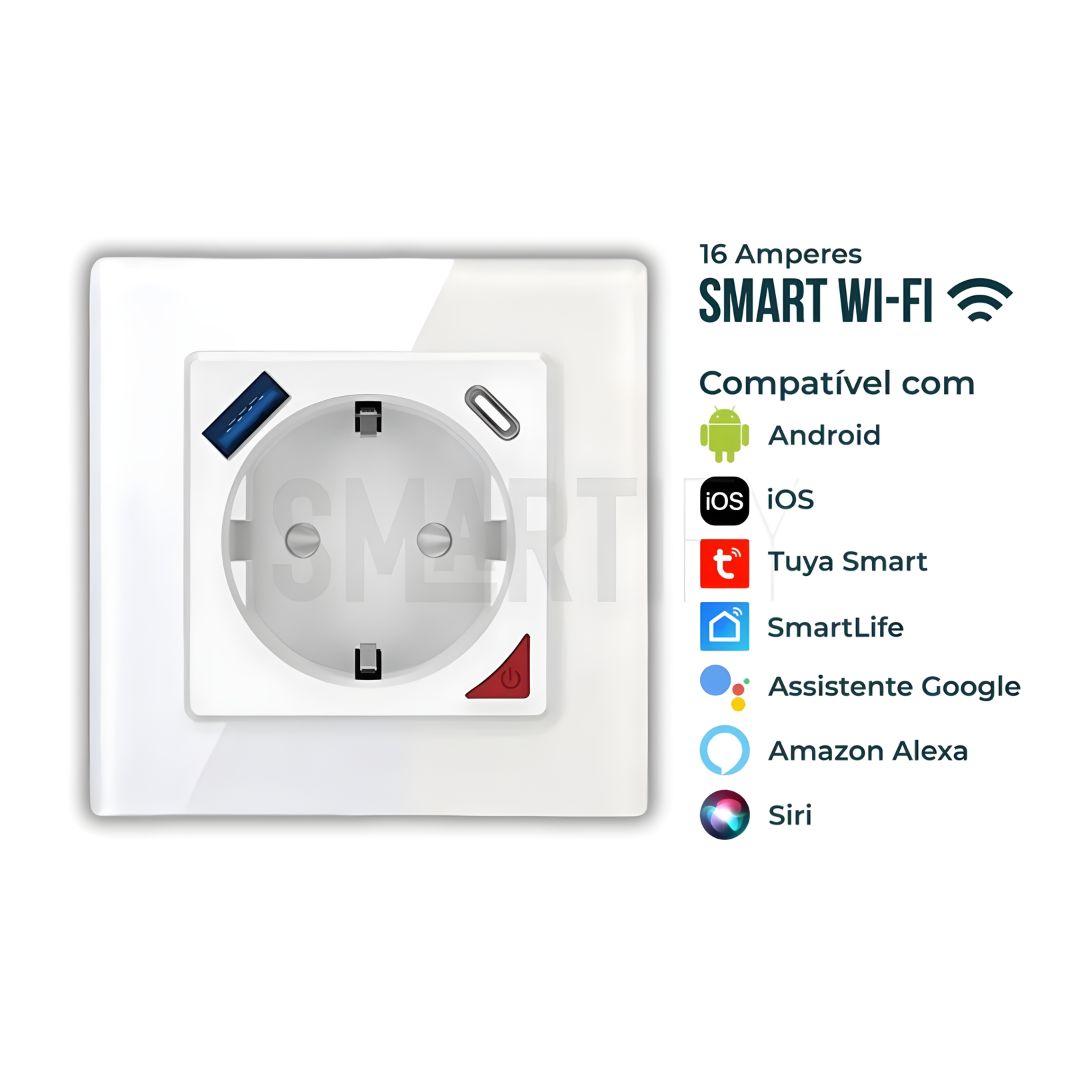 Tomada Inteligente com USB-C e USB-A (Smart socket) com capacidade de 16 Amperes em Branco,