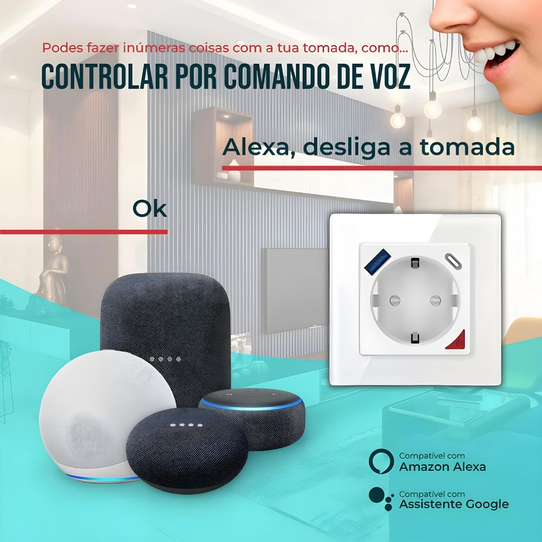 Tomada Inteligente com USB-C e USB-A (Smart socket) com capacidade de 16 Amperes em Branco,