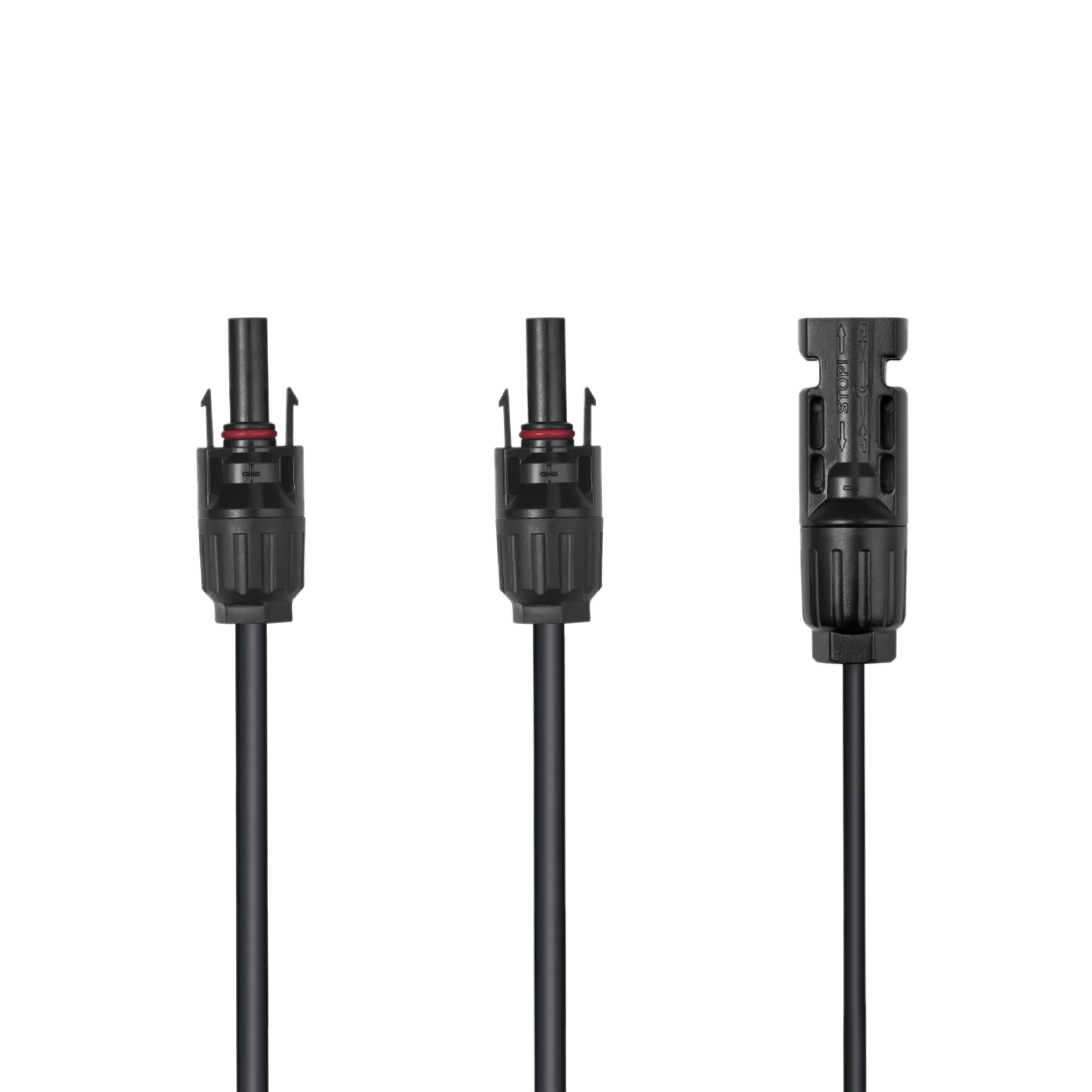 2 terminais macho do cabo de ligação em paralelo e um fêmea para ligar painéis solares em paralelo. Ecoflow