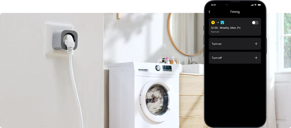 Ligue ou desligue remotamente os electrodomésticos ligando a ficha inteligente com um clique através da aplicação. Pode programá-los para arrancarem automaticamente mesmo quando não está em casa e verificar há quanto tempo estão ligados, bem como a quantidade de energia que consumiram.