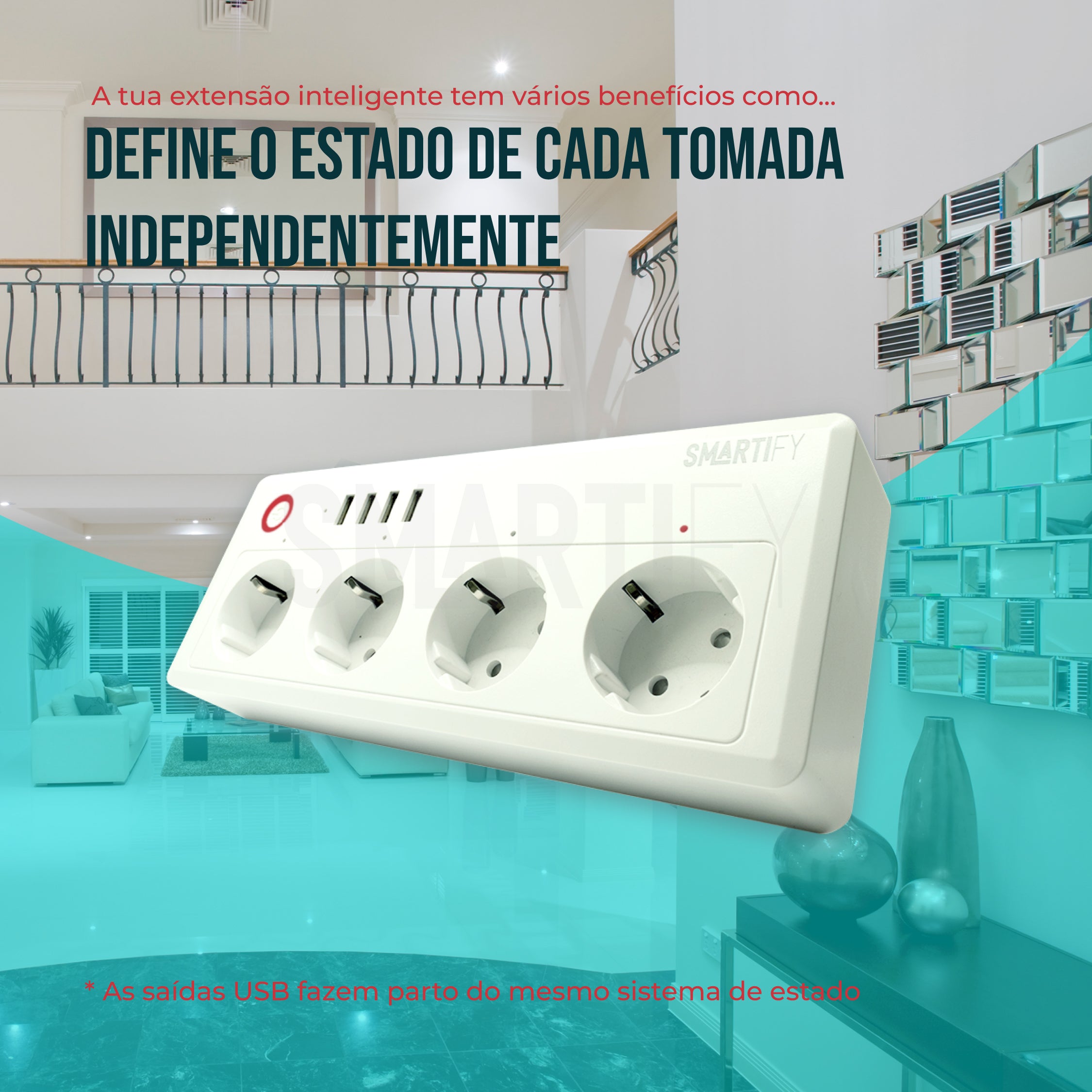 Extensão Inteligente WiFi 4 Tomadas + 4 USB Smartify - Smartify - Casa Inteligente - Smart Home - Domotica - Casas Inteligentes