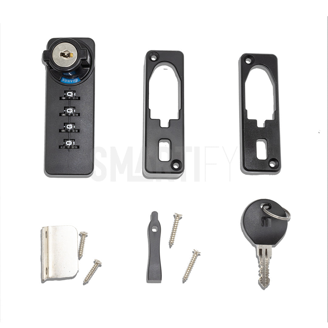 Fechadura por código para cacifos: Espessura ajustável de 0,6 a 20mm para diferentes portas.