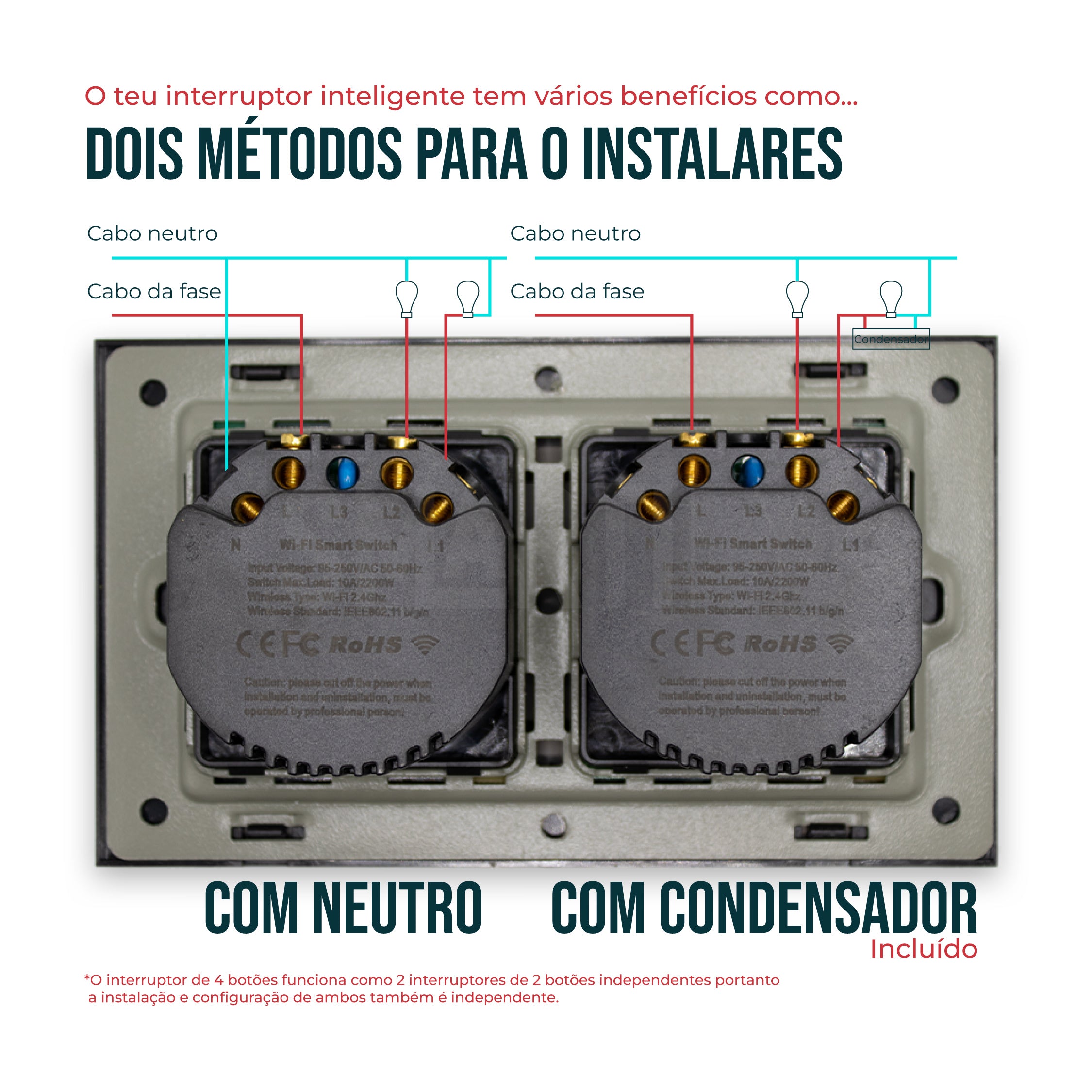 Interruptor Inteligente de Luz WiFi duplo 4 botões Smartify - Preto - Smartify - Casa Inteligente - Smart Home - Domotica - Casas Inteligentes