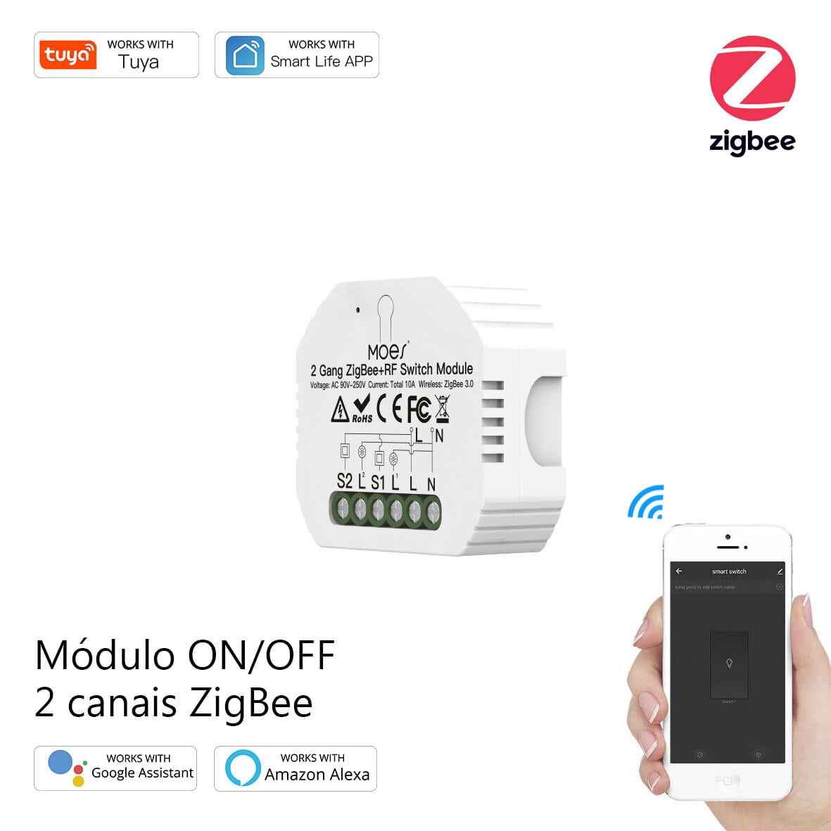 MOES Tuya ZigBee 3.0 RF Módulo de Interruptor de luz inteligente 2 Gang Modular Alexa Google Home Controlo por voz