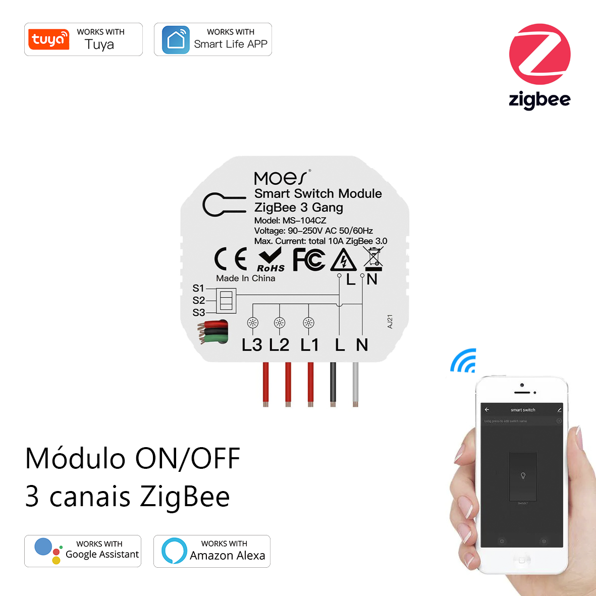 MOES Tuya ZigBee 3.0 Módulo de interrputor de luz inteligente 3 Gang Modular Alexa Google Home Controlo por voz